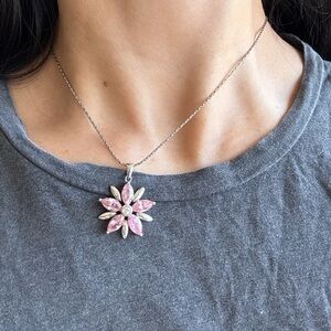 Silver Necklace with Pink Flower Pendant